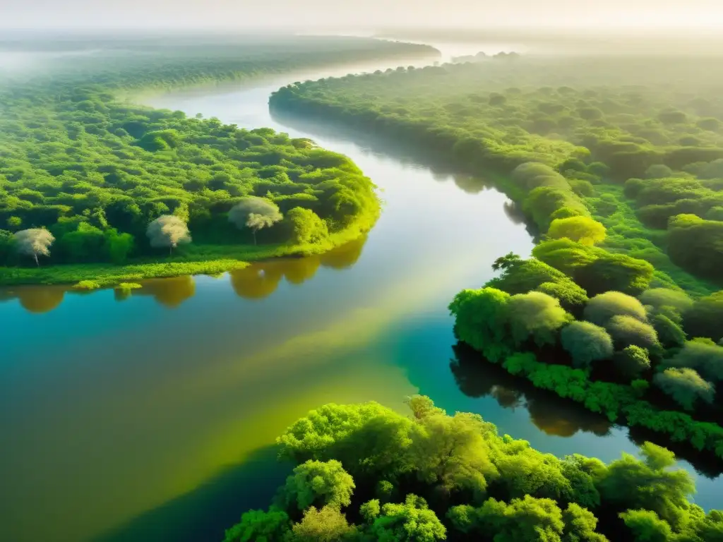 Vista impresionante del río Senegal rodeado de exuberante vegetación, con un toque de niebla