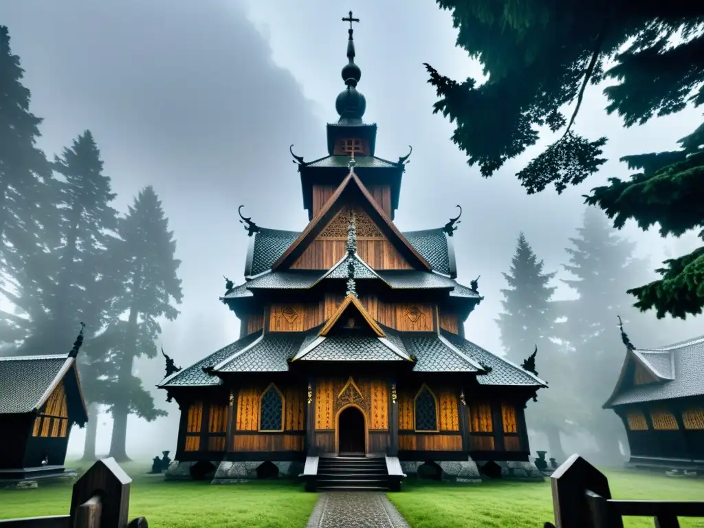 Vista impresionante del templo maldito Lyngsjö Stave Church en medio de un bosque neblinoso y misterioso, bajo un cielo dramático