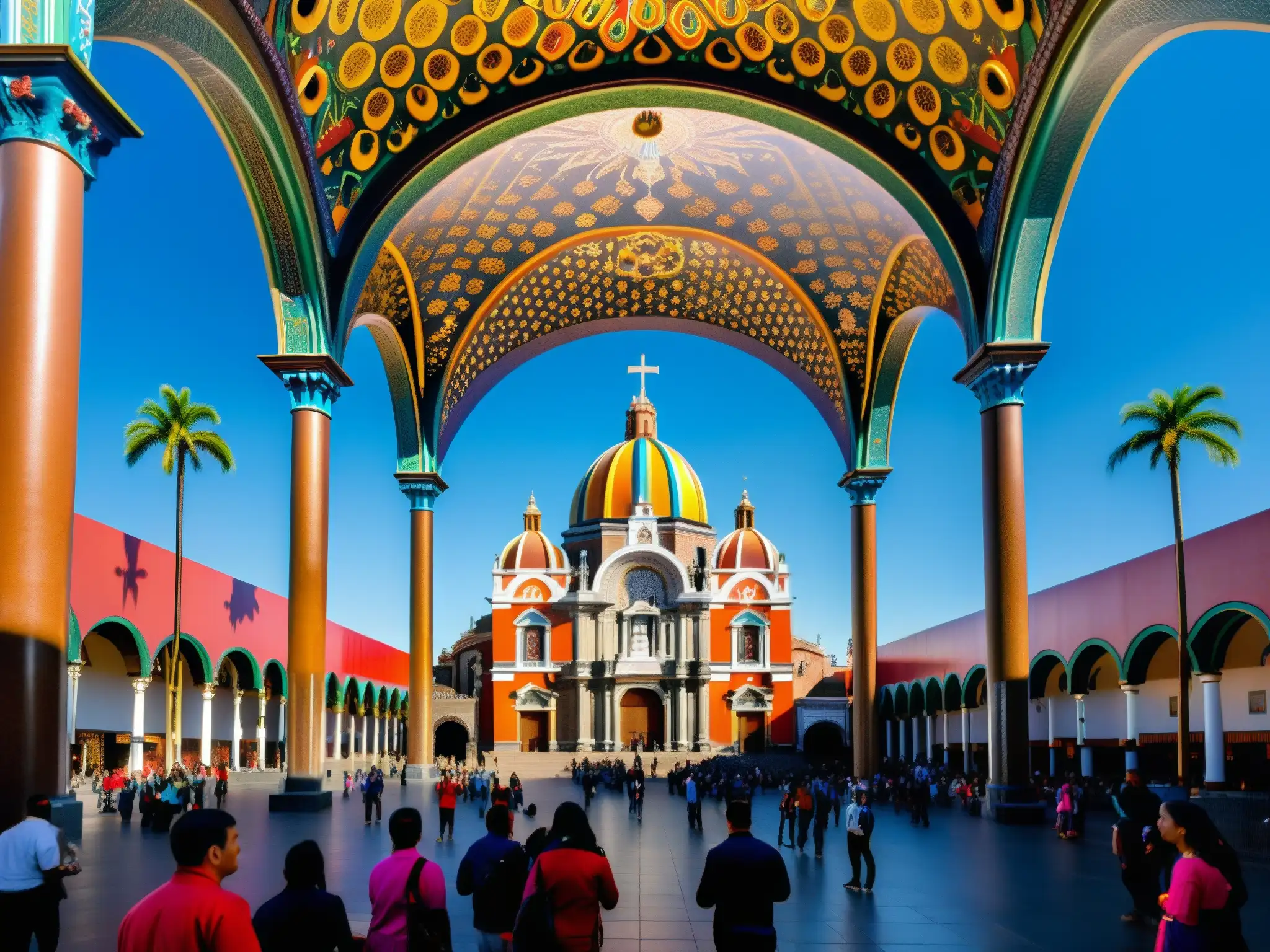 Vista majestuosa de la Basílica de Nuestra Señora de Guadalupe en México, con fieles y detalles arquitectónicos