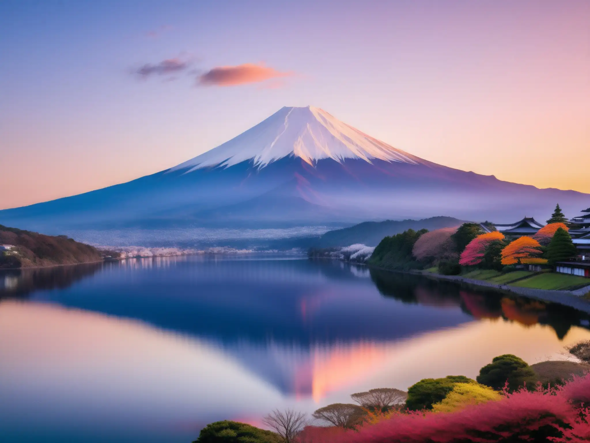 Vista majestuosa del Monte Fuji al atardecer, reflejándose en un lago tranquilo