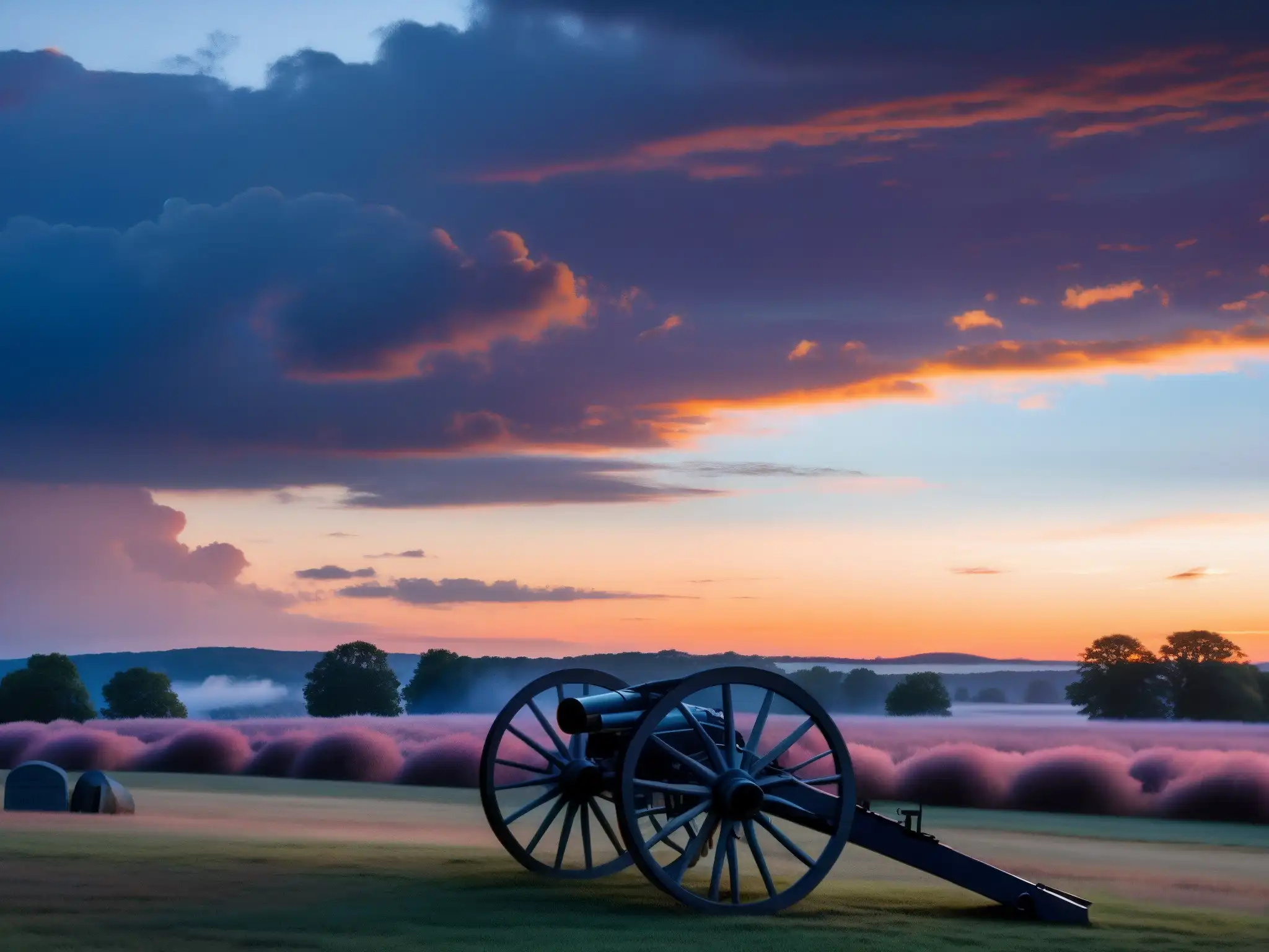Una vista misteriosa del campo de batalla histórico de Gettysburg al atardecer, con una atmósfera fantasmal