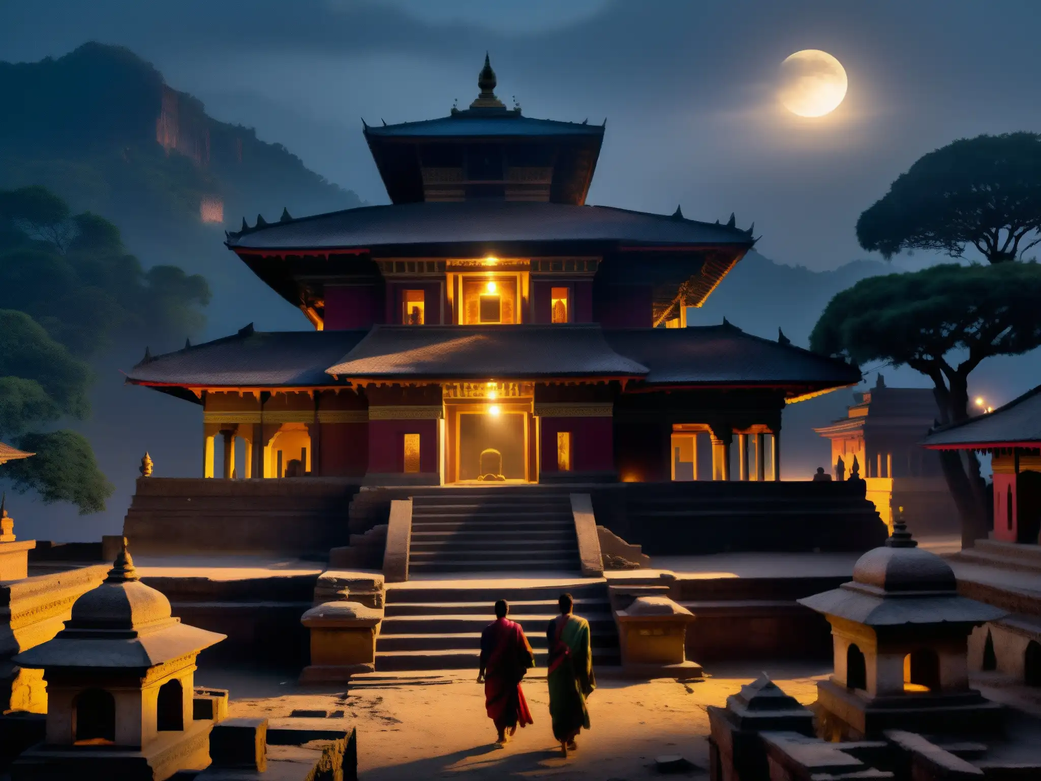 Vista misteriosa de palacios antiguos en Nepal, con figuras sombrías entre ruinas, evocando fenómenos paranormales