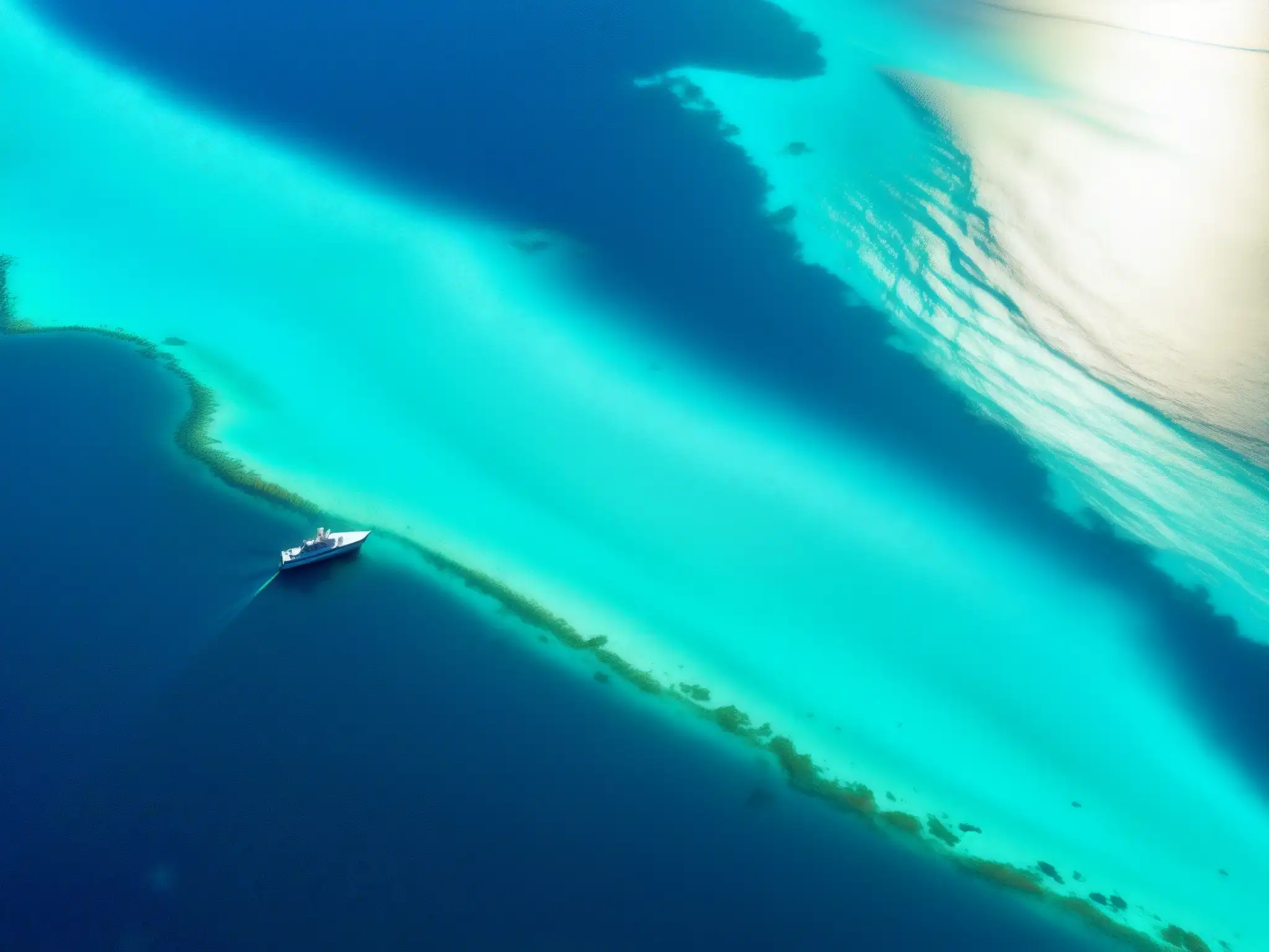 Vista aérea misteriosa del Triángulo de las Bermudas, con aguas turquesas contrastando con profundidades oscuras