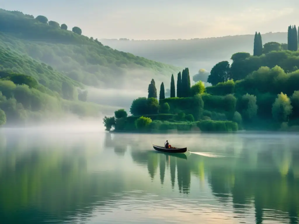 Vista neblinosa del Lago Nemi en Italia, con un bote y un templo romano, evocando la Leyenda del Lago Ness en Italia