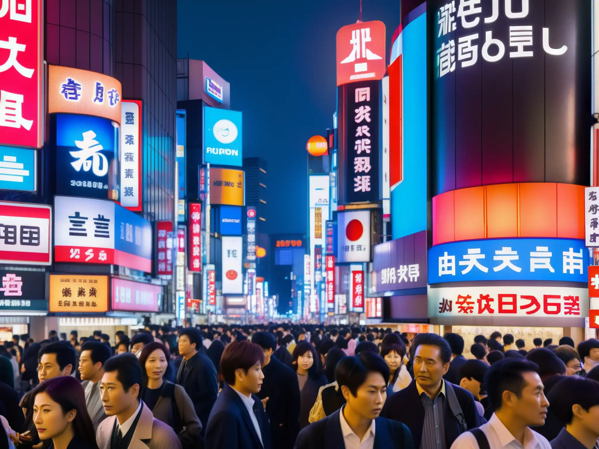 Vista nocturna de una bulliciosa calle de Tokio, fusionando tecnología y arquitectura tradicional japonesa