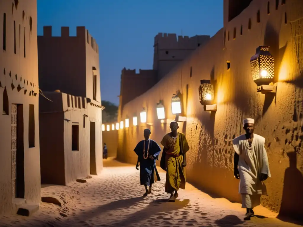 Vista nocturna de Djenné, Mali, con leyendas urbanas y la Gran Mezquita en la misteriosa noche iluminada por la luna