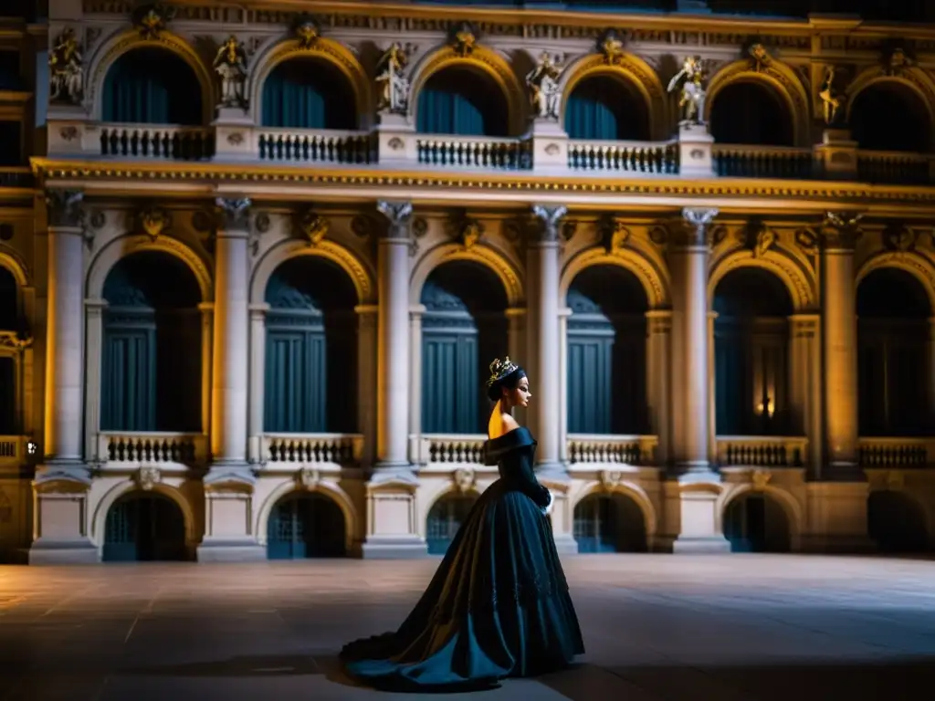 Vista nocturna evocadora del mítico Palacio Garnier, con detalles arquitectónicos y una presencia fantasmal