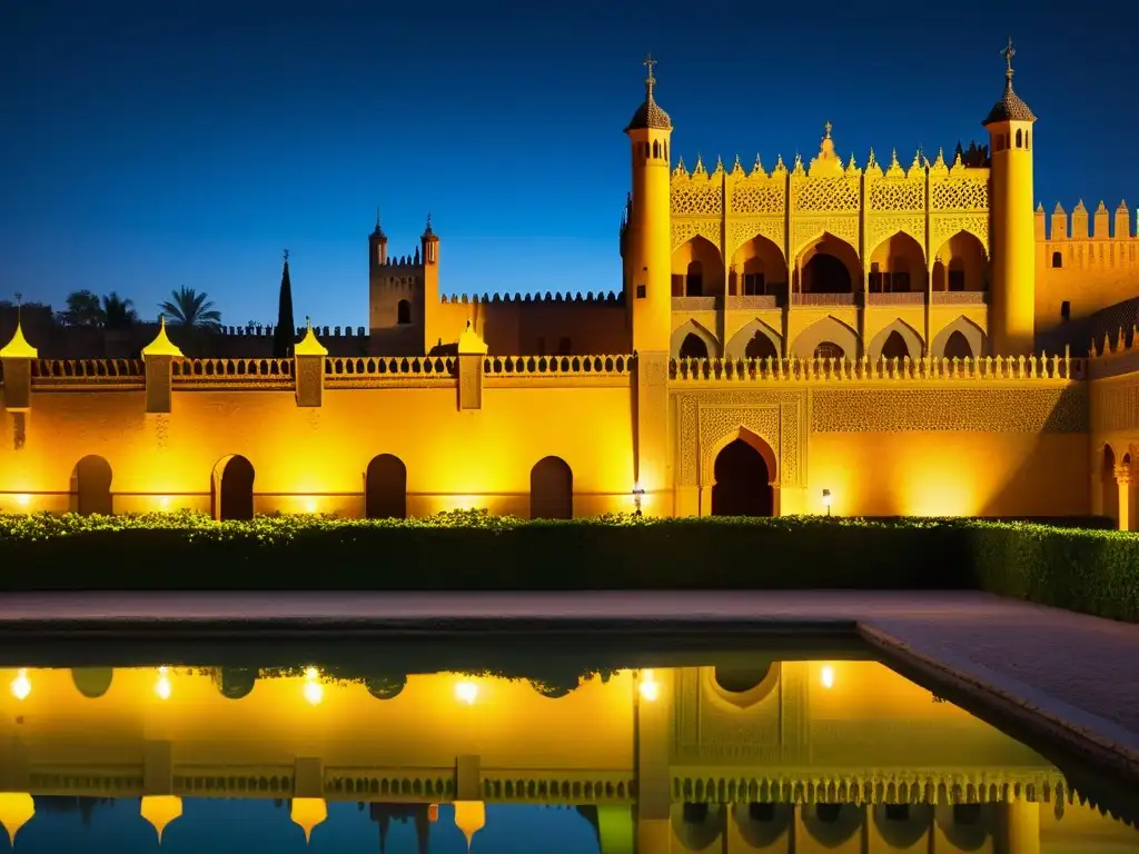 Vista nocturna del Alcázar de Sevilla, iluminado en tonos dorados, evocando una atmósfera misteriosa que complementa su historia y leyendas de fantasmas