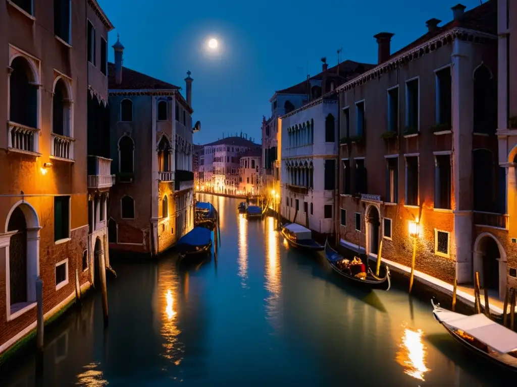 Vista nocturna de Venecia con luces de calle y reflejos en el agua, evocando la leyenda urbana 'El Vampiro de Venecia'
