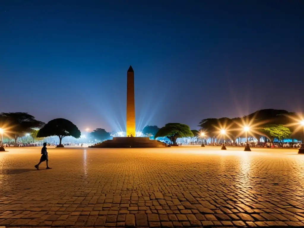 Vista nocturna de la misteriosa Plaza de la Independencia en Accra, con mitos y leyendas urbanas palpables en el aire