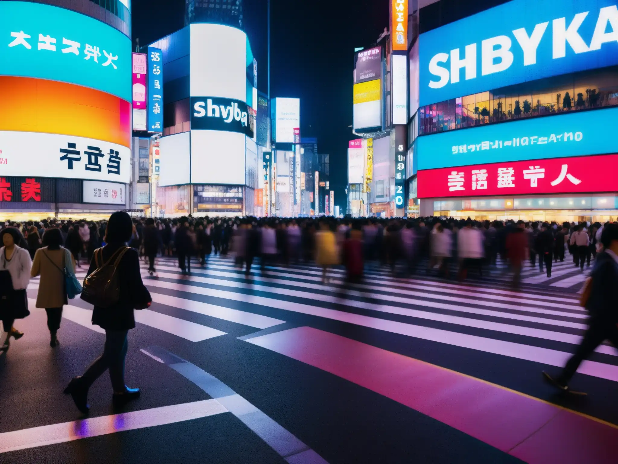 Vista nocturna de Shibuya con luces de carros y peatones, destacando un sutil Yokai entre la multitud, fusionando lo moderno y lo tradicional en Shibuya