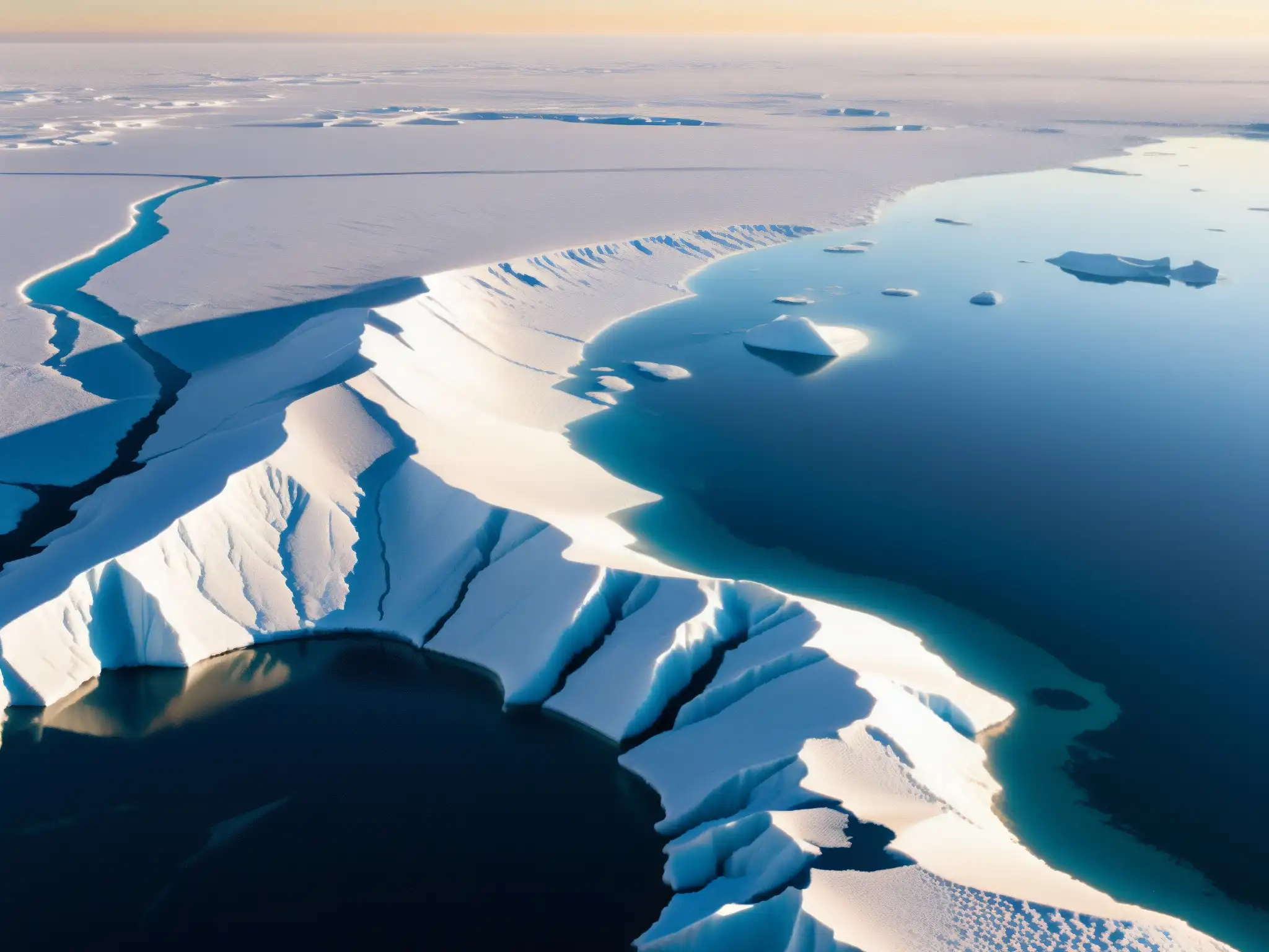 Vista panorámica de un casquete polar con grietas y fisuras en el hielo, reflejando la luz del sol con colores y texturas deslumbrantes