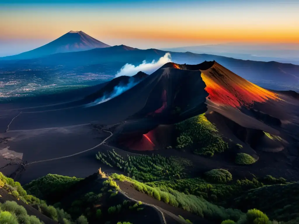 Vista panorámica y detallada del majestuoso Monte Etna, evocando mitos y leyendas urbanas