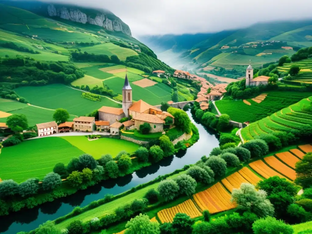 Vista panorámica del pintoresco pueblo de Liérganes en Cantabria, España, con sus edificios de piedra y tejados rojizos
