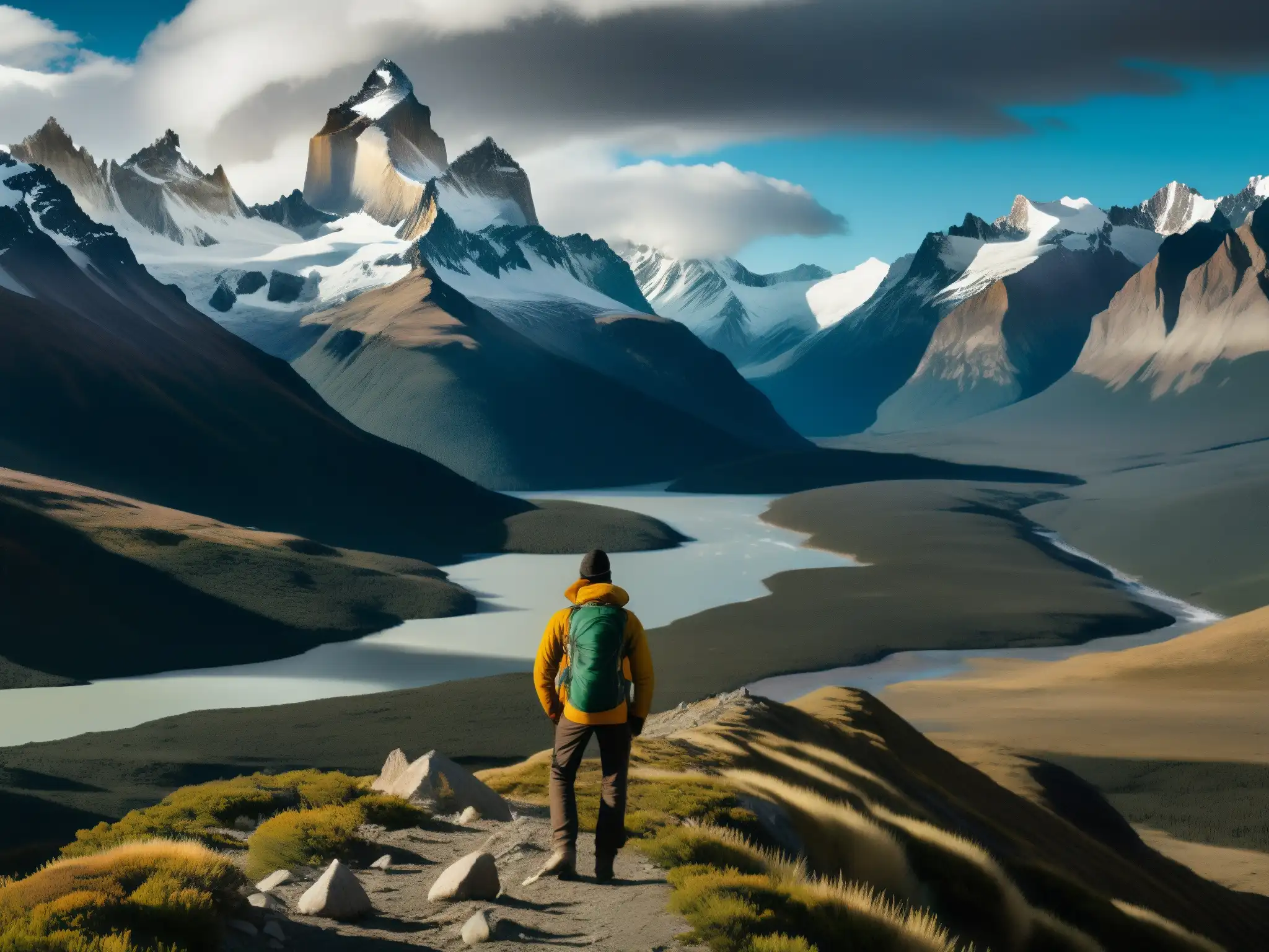 Vista panorámica de la salvaje y majestuosa región de la Patagonia, con montañas nevadas al fondo y una vasta tierra salvaje