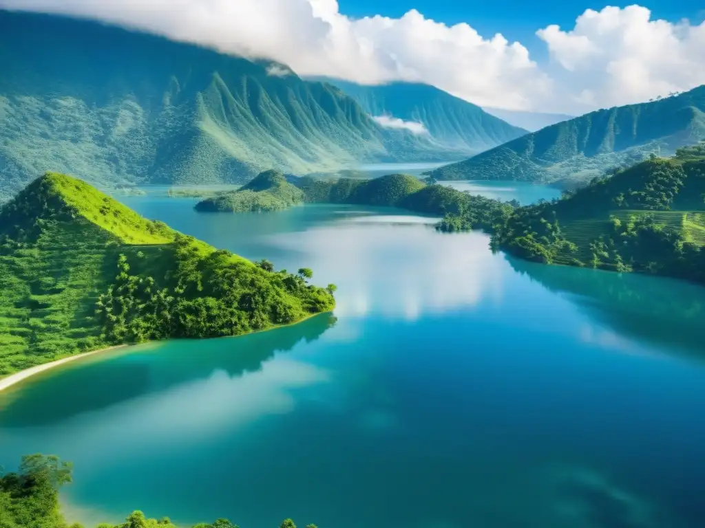 Vista panorámica del tranquilo lago Bosumtwi en un entorno natural exuberante, reflejando el cielo azul