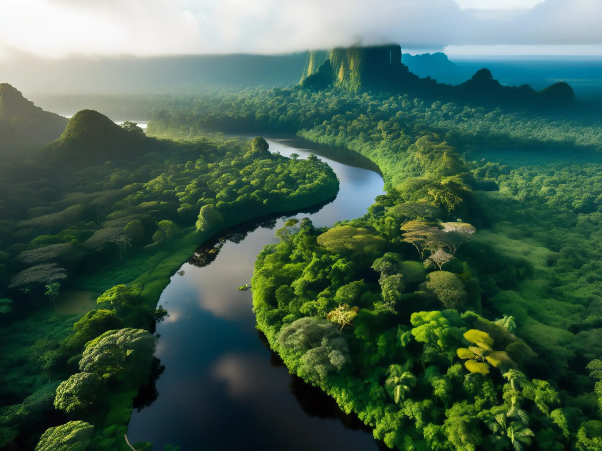 Vista serena del río Amazonas rodeado de exuberante vegetación y misteriosa neblina, evocando la leyenda de La Madre del Agua en el Amazonas