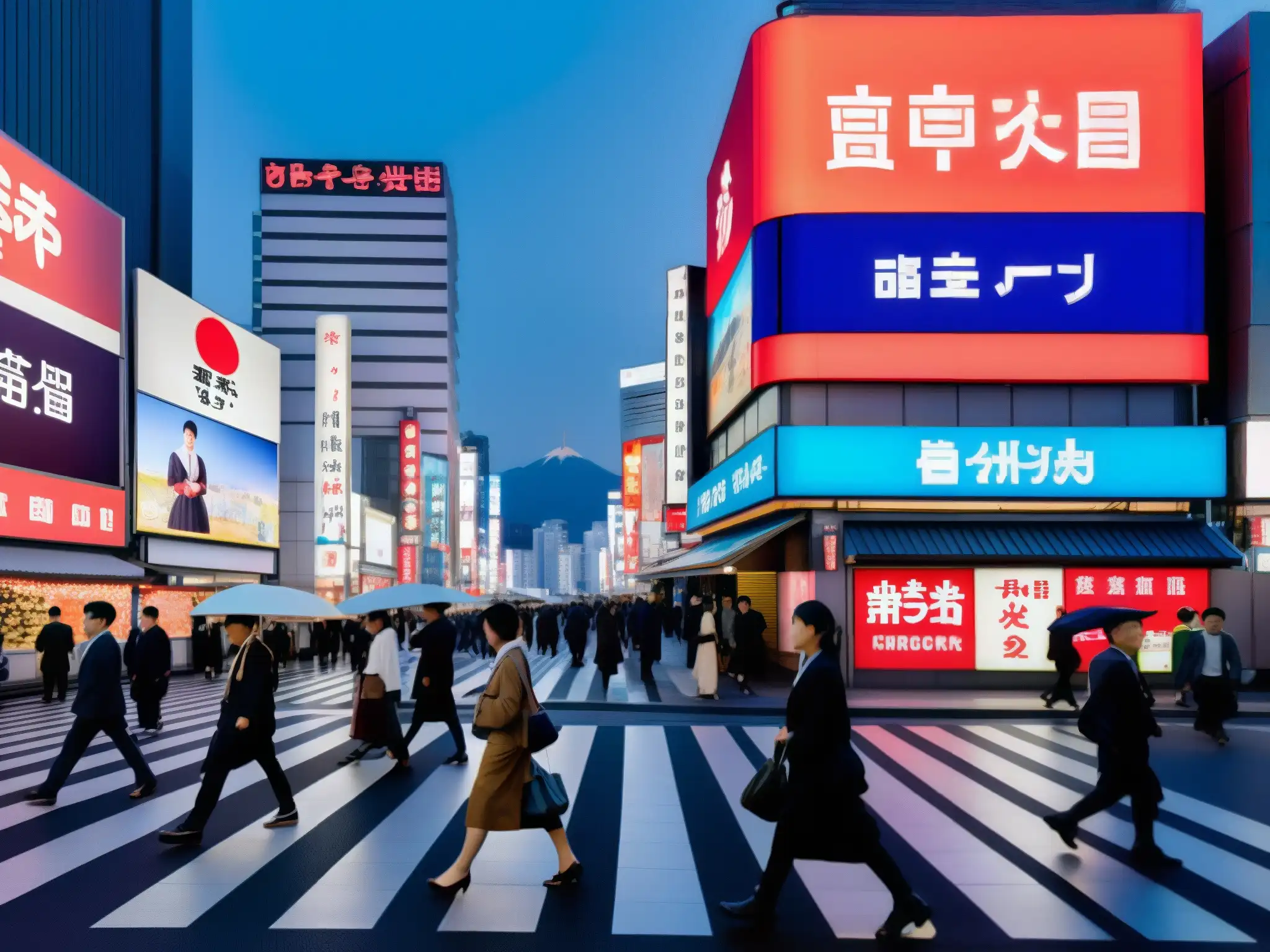Vista urbana en Japón con preservación de leyendas urbanas japonesas digitales: arquitectura tradicional, neones y multitud