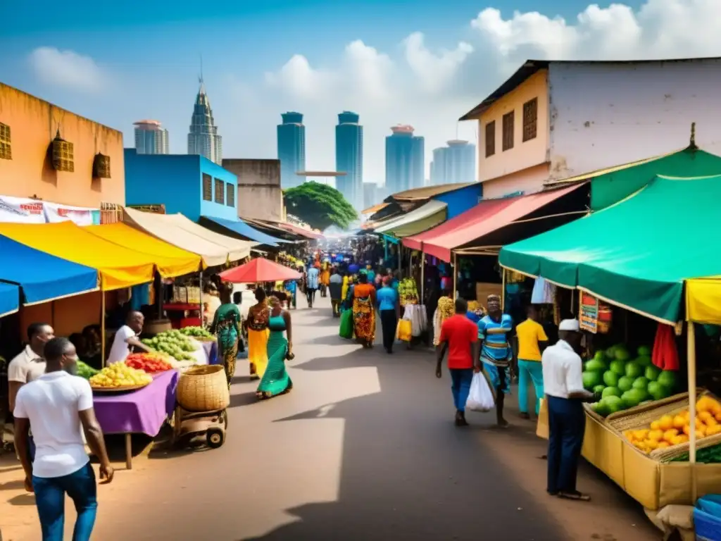 Vista vibrante de la vida urbana en Abiyán, Costa de Marfil, con bulliciosos puestos de mercado y arquitectura icónica