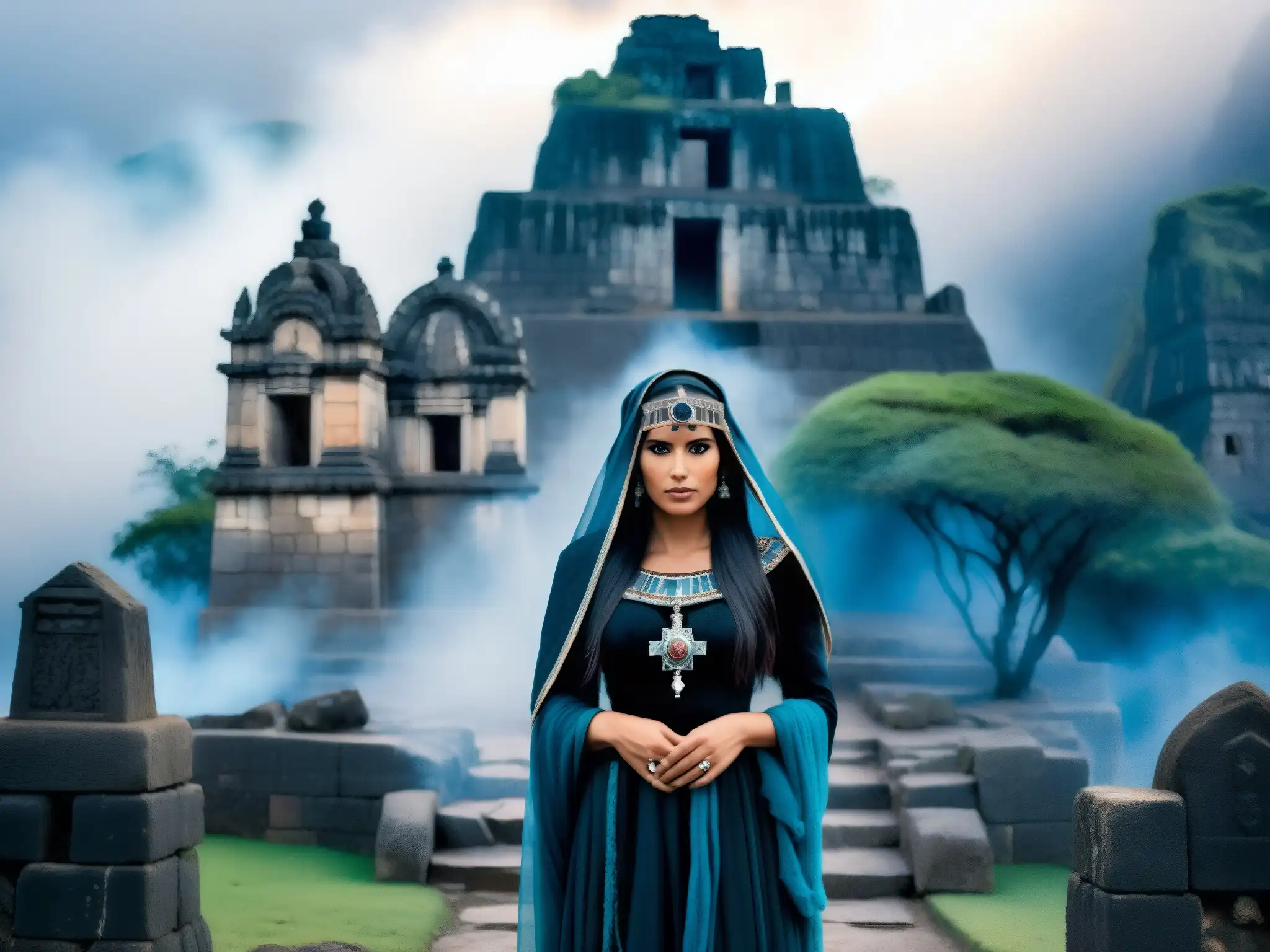 La Viudita, leyenda peruana, en ruinas incas entre la niebla con velo negro y llamas azules, evocando misterio y tragedia