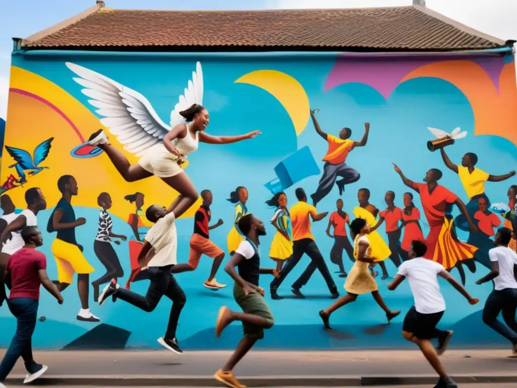 Viva escena urbana en África, con murales coloridos y danza callejera