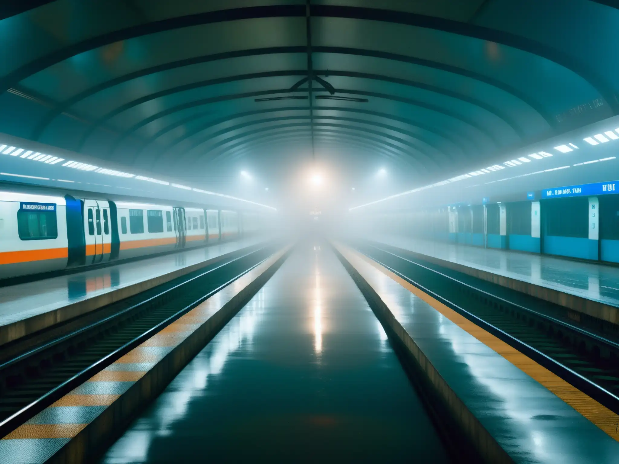 Voces de Rabindra Sarobar Metro: estación vacía, misteriosa niebla y reflejos distorsionados en el agua