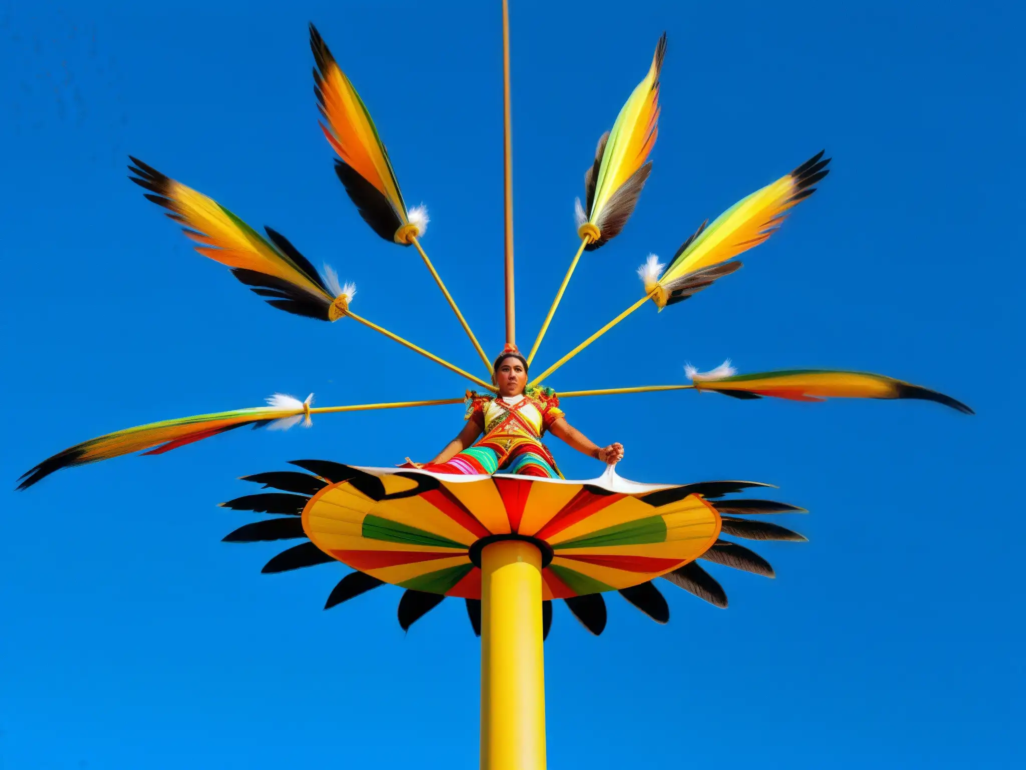 Los voladores de Papantla descienden en su ritual místico con gracia y colorido, destacándose contra el cielo azul