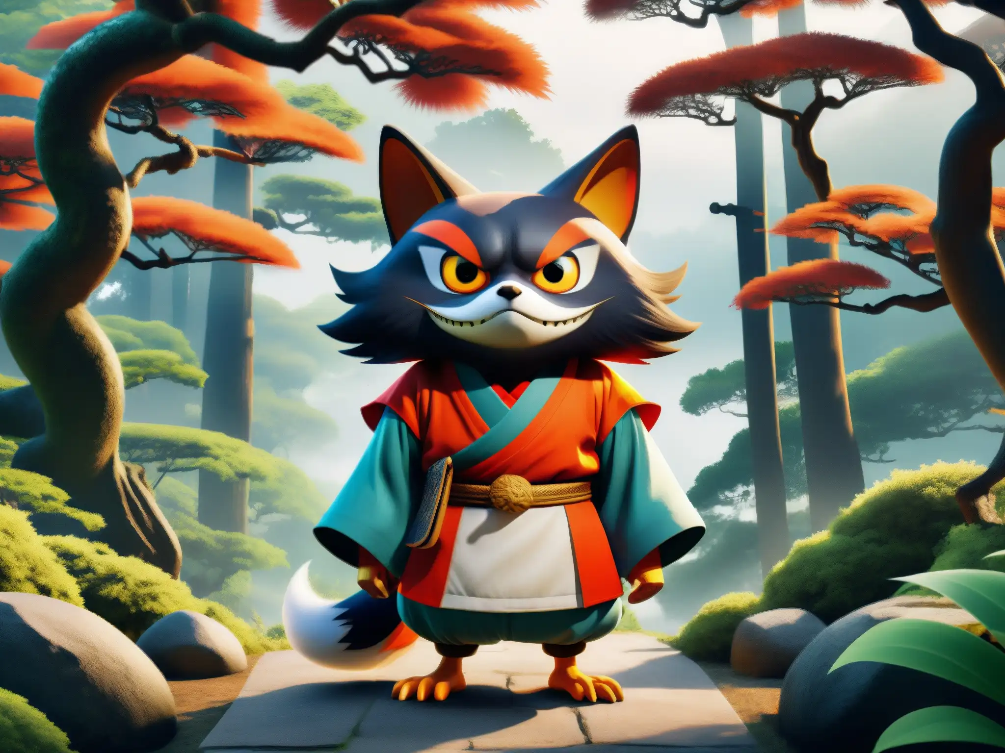 Un yokai japonés, como el kitsune o tengu, cobra vida en un entorno de videojuego, reviviendo mitos del folklore japonés