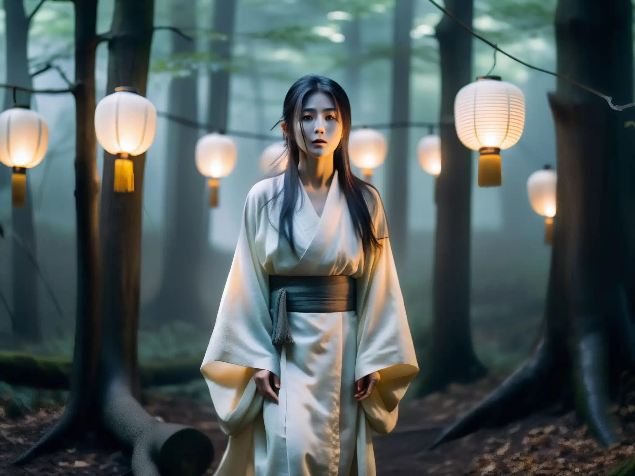 Un yurei japonés en el bosque, iluminado por linternas, transmite terror japonés