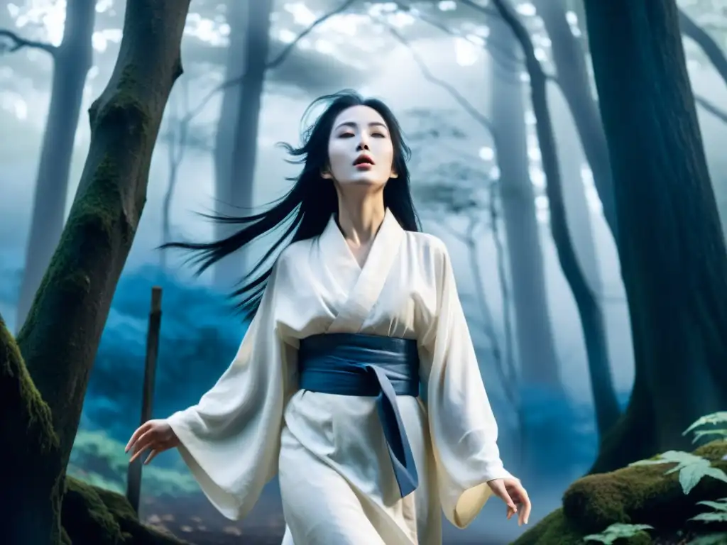 Una yurei japonesa viste kimono blanco en un bosque brumoso, iluminada por la luz de la luna