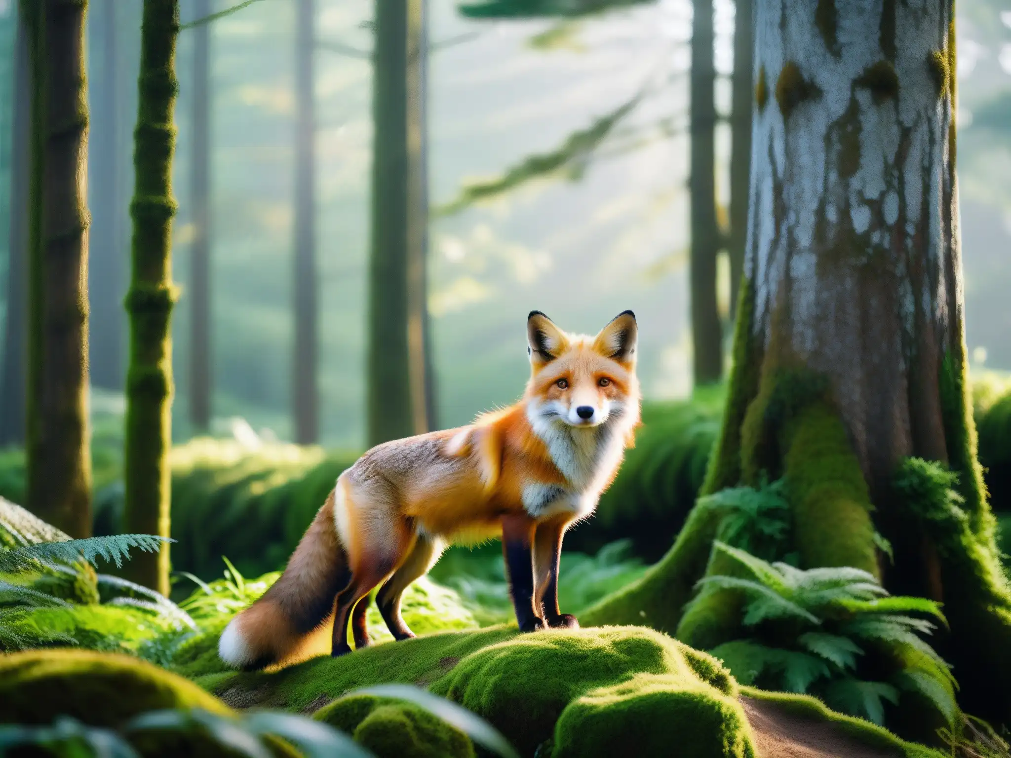 Un zorro rojo en un místico bosque japonés